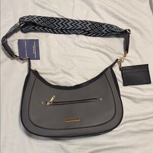 Adrienne Vittadini Black and Gray Shoulder Bag with Geometric Strap